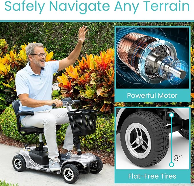 Vive 4 Wheel Mobility Scooter - Electric Powered Wheelchair Device - Compact Heavy Duty Mobile for Travel, Adults, Elderly - Long Range Power Extended Battery with Charger & Basket