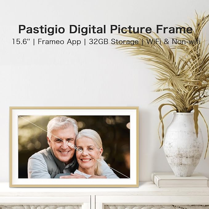 Frameo 15.6 inch Digital Picture Frame, Large Digital Photo Frame WiFi, 32GB Capacity, 1920 * 1080 IPS FHD Touch Screen, Electronic Picture Frame Slideshow, Wall-Mounted, Gifts for Mom, Women, Golden
