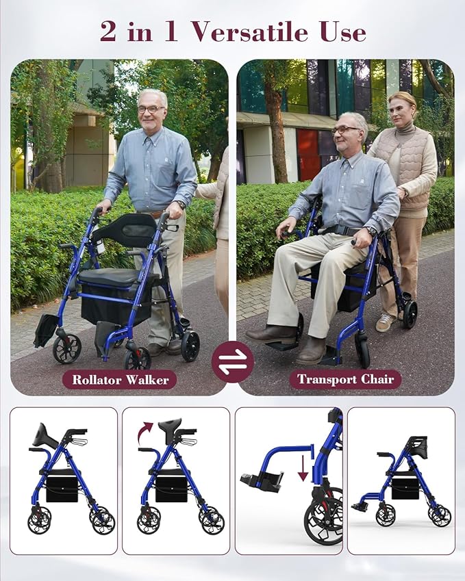 Walkers for Seniors with Seat, 2 in 1 Rollator Walker & Transport Chair with Reversible Backrest & Detachable Footrests, Folding Wheelchair with 8" Anti-Slip PU Wheels, Blue