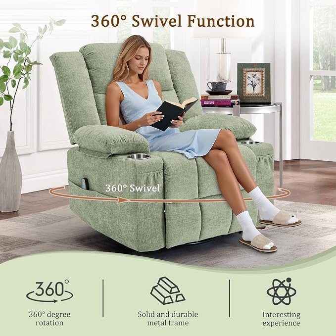 Korser Adult 360° Rotating Recliner with Massage and Heating Functions, Cup Holder and Manual Tilt Mechanism, Suitable for Living Room and Bedroom (Fabric, Turquoise)