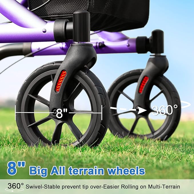 WALK MATE Rollator Walker for Seniors with Cup Holder, Upgraded Thumb Press Button for Height Adjustment, 4 x 8 Wheels Walker with Seat Padded Backrest Folding Lightweight Walking Aid, Purple
