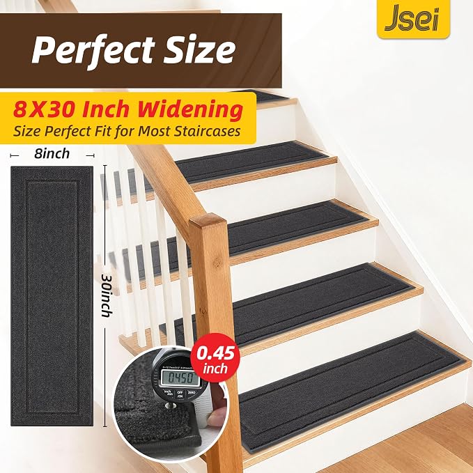 JSEI Stair Treads for Wooden Steps Indoor, 15-Pack, 30" x 8", Dark Grey | Non Slip Stair Treads, Washable Polyester Stair Mats with TPE Backing, Low Profile Stair Rugs for Kids, Seniors and Dogs