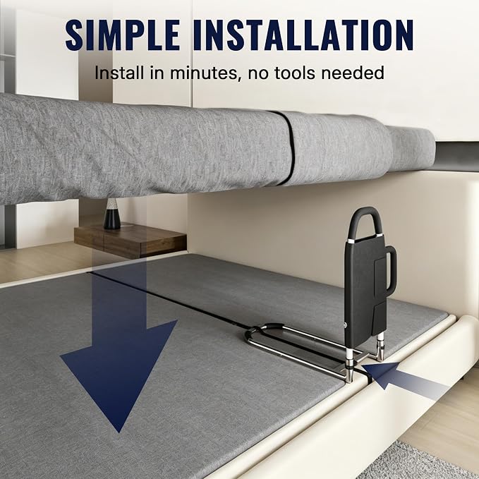 Bed Rails for Elderly Adults - ASTM Approved Adjustable Bed Cane with Non-Slip Ergonomic Handle & Storage Pocket, Bed Railings for Seniors Hold up to 350 LBS, Tool-Free