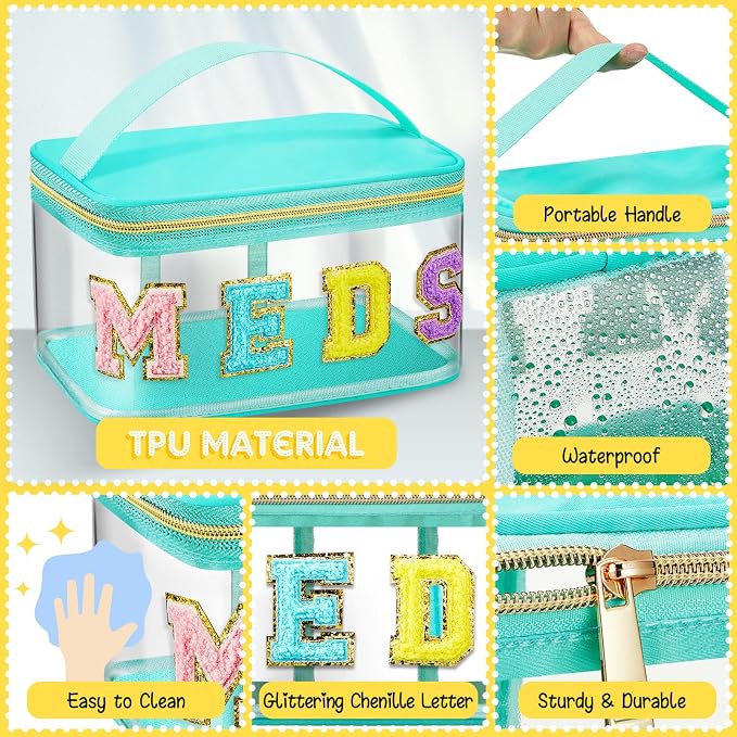 Geetery Chenille Letter Bag, Meds Cheer Travel Cases Cheerleader Gifts Cosmetic Bag Nylon Makeup Portable Preppy Patch with Zipper Toiletry Storage Case for Women(Green,Meds)