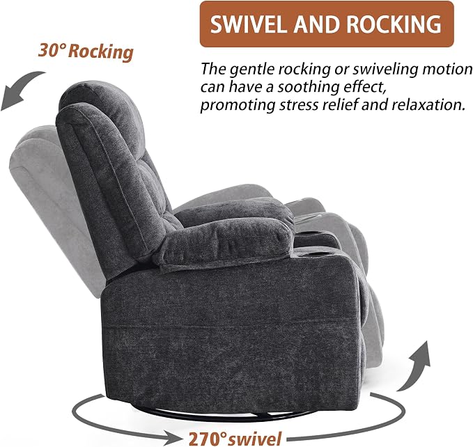 Ketaiyou Power Swivel Rocker Recliner Chair for Adults with Massage and Heat, USB and Type-C Ports, Infinite Position, Electric Glider Reclining Single Sofa Chair for Living Room (Dk Gray)