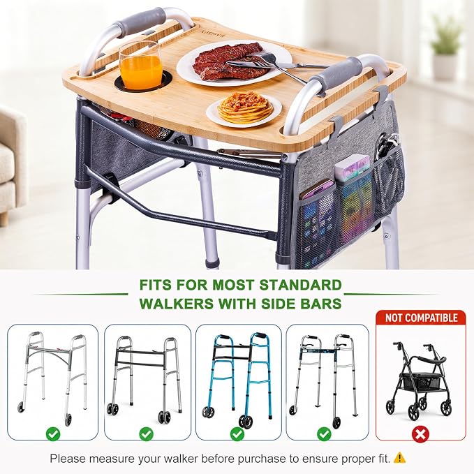 Walker Tray Table with Side Pockets & Cup Holder for Folding Walkers, Foldable Bamboo Walker Tray for Seniors, Stable Walker Accessories with Raised Edges for Meals, Drinks, Reading &Daily Living