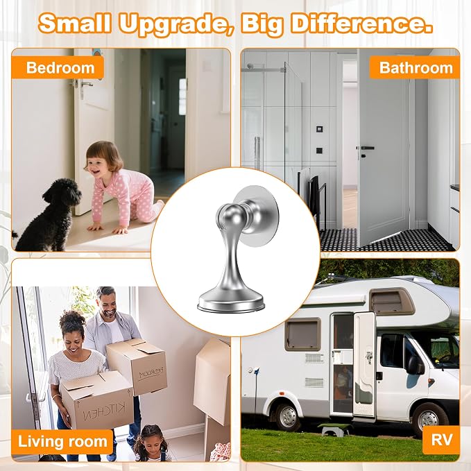 Crosize Magnetic Door Stoppers 2 Pack, Stainless Steel Door Stops for Wall and Floor Mounting, Door Holder Keep Door Open, No Drilling Door Stop with Adhesive Tapes, Silver