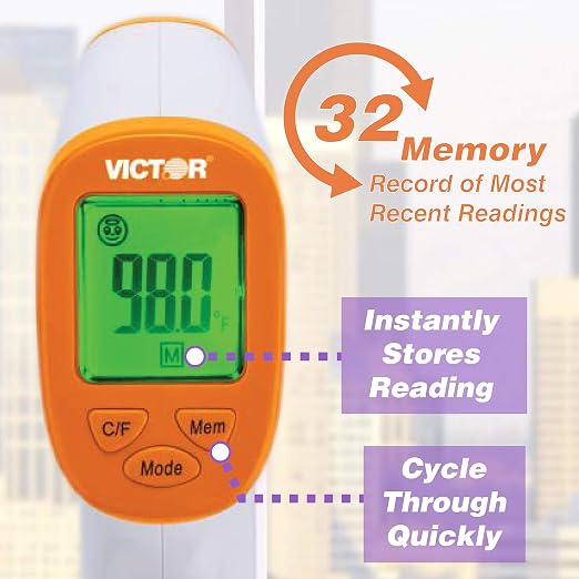 Victor T9000 Non-Contact Digital Infrared Forehead and Wrist Thermometer, for Adults and Kids, Quick 1 Second Readings, 3-Color Temperature Warning Display, White/Orange