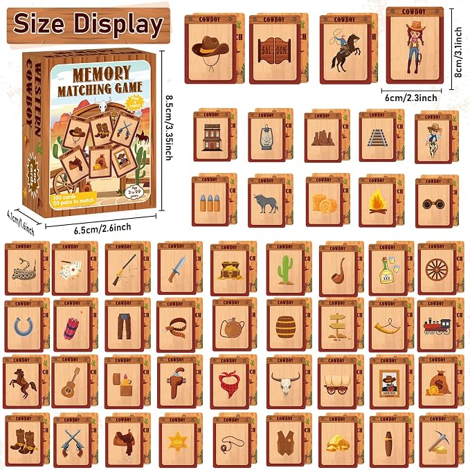 gisgfim 100 PCS Memory Matching Game Cowboy Concentration Memory Card Games for Kids Educational A Fun & Fast Western Party Favor Wild West Theme Matching Games