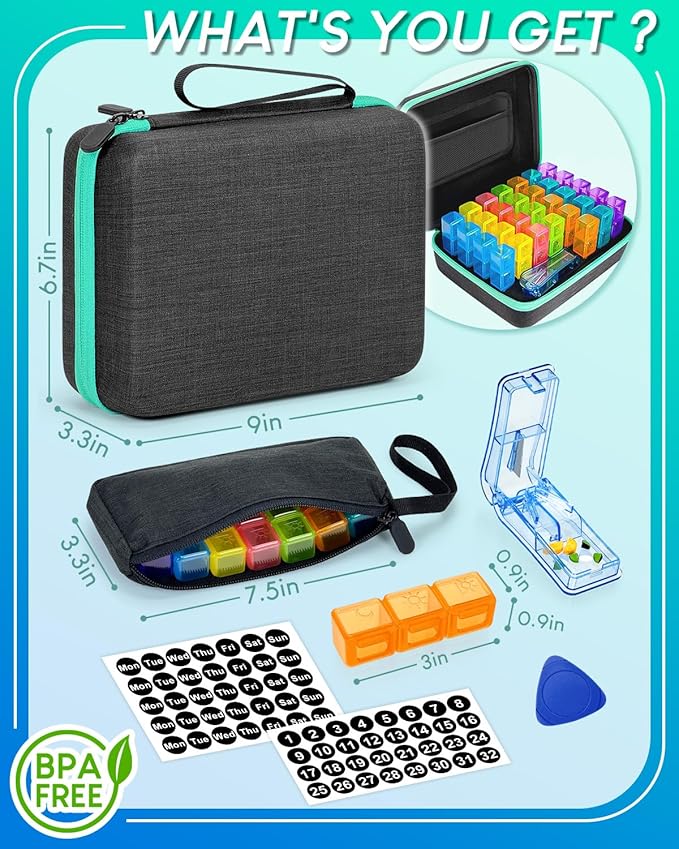 Monthly Pill Organizer 3 Times a Day, with Portable Hard Shell, Pill Cutter, 31-Day Box, Plastic Opening Pick, Monthly & Weekly Stickers, Convenient Medication Management (3 Times a Day)