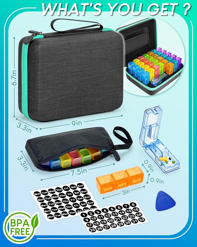 Monthly Pill Organizer 3 Times a Day, with Portable Hard Shell, Pill Cutter, 31-Day Box, Plastic Opening Pick, Monthly & Weekly Stickers, Convenient Medication Management (Black, 3 Times a Day)