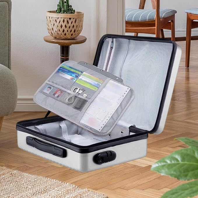 Fireproof Document Box Secure Storage Hard Shell Container Organizer Bag for Professionals Certificates, Silver