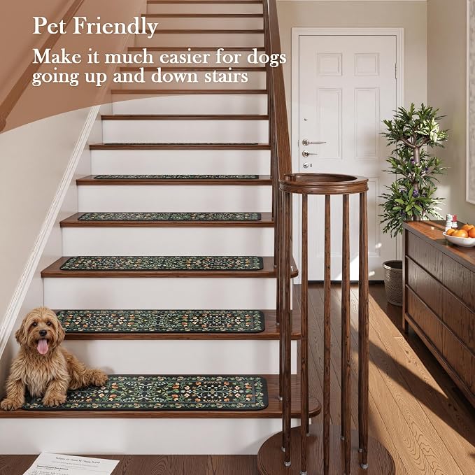 OJIA Floral Stair Treads Non-Slip Stair Runner for Wooden Steps Indoor 15PC | 30"x8" Carpet Stair Treads Stair Mats Staircase Step Treads for Kids, Elders and Dogs, Stair Covers, Black