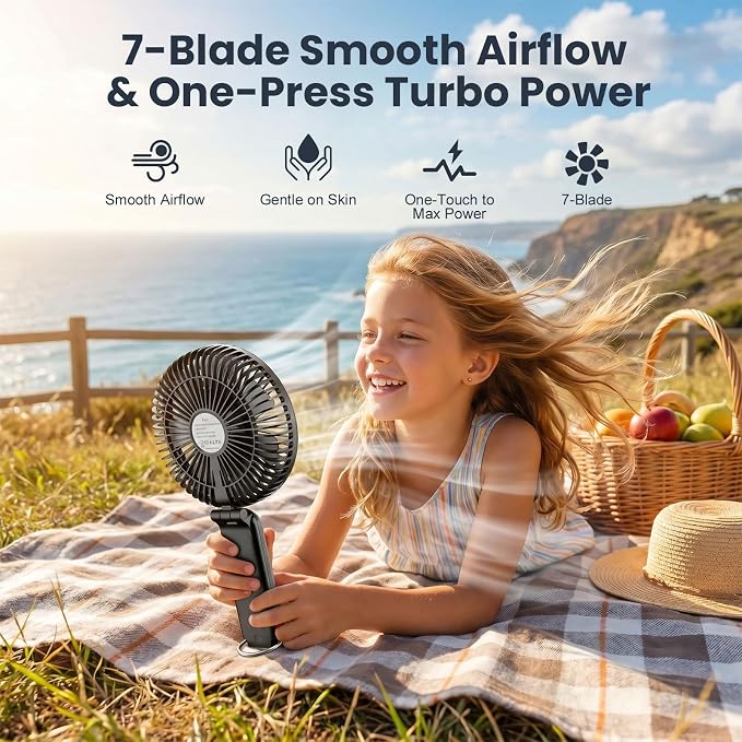 Portable Handheld Fan, 10000mAh Rechargeable 6-Inch Personal Fan for Travel | Ultra Quiet Foldable Desk Fan, 5-Speed Battery Operated Fan with Up to 40H Runtime and Digital Display for Travel and Makeup