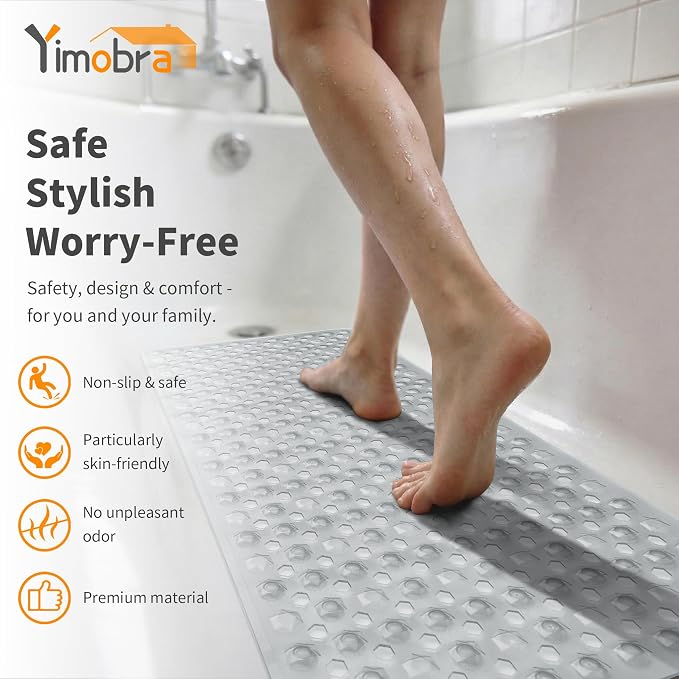 Yimobra Bathtub Mat Non Slip, 27.5"X15.5" Machine Washable Shower Floor Mat, Soft on Feet, Bath Mat with Drain Holes and Suction Cups, Bathroom Essentials, Clear