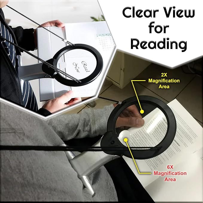 2X Hands Free Chest Rest LED Magnifier for Reading with 6X Spot Magnifying Glasses with Light for Sewing, Hobbies, Crafters, and DIY Projects – Adjustable Stand and Neck Cord for Seniors