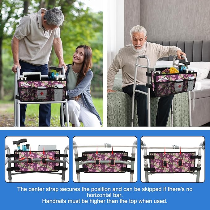 supregear Walker Basket, Foldable Walker Bag with Cup Holder, Storage Pouch with Large Capacity and Never Tipping Over, Hand-Free for Seniors Elderly, Not Fit for Rollator, Floral Purple