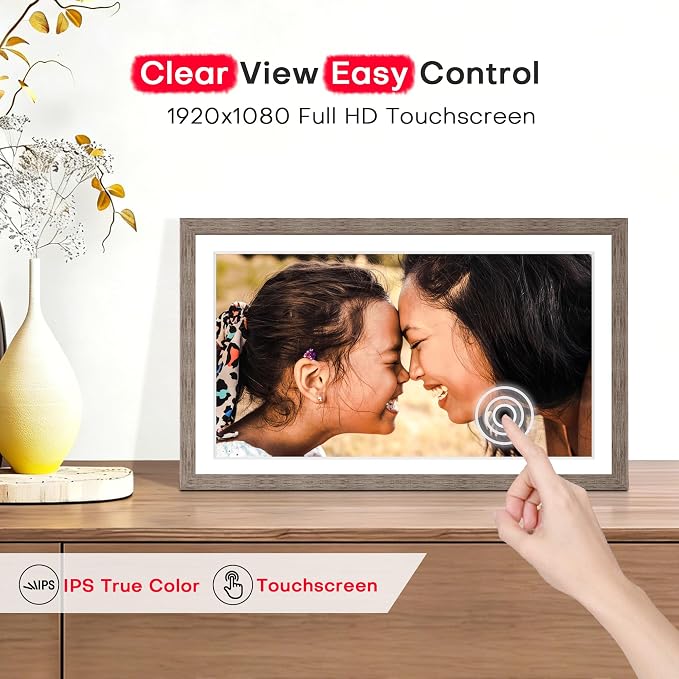 Frameo 15.6 inch Digital Picture Frame WiFi Wood, 1920 * 1080 IPS FHD Touchscreen Large Digital Photo Frame, 32GB Storage, Instant Share Photo Video, Wall-Mountable & Tabletop Display, Gift for Mom