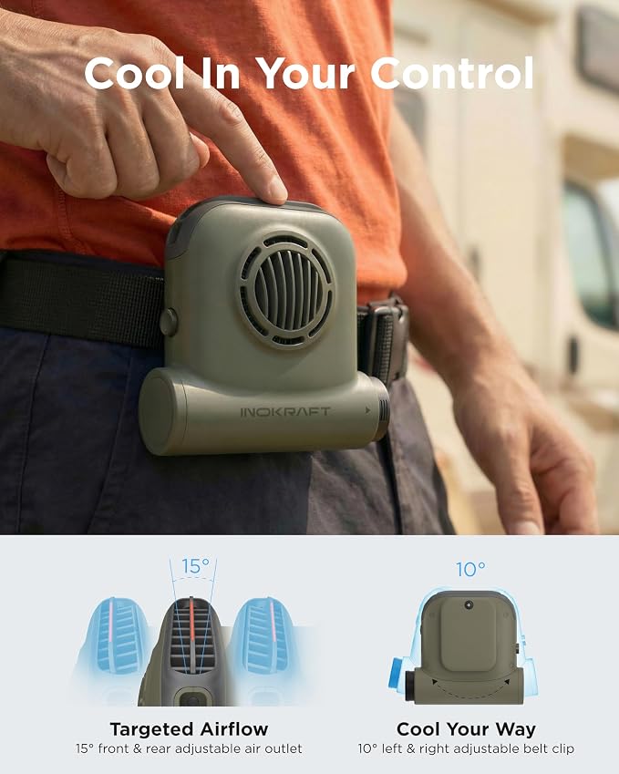 InoKraft Waist Fan with Swappable 4Ah Rechargeable Battery | Portable Fan Rechargeable for Hiking & Camping, Clip-On Waist Fan, 49 ft/s Turbo Airflow, Up to 13H+ Runtime