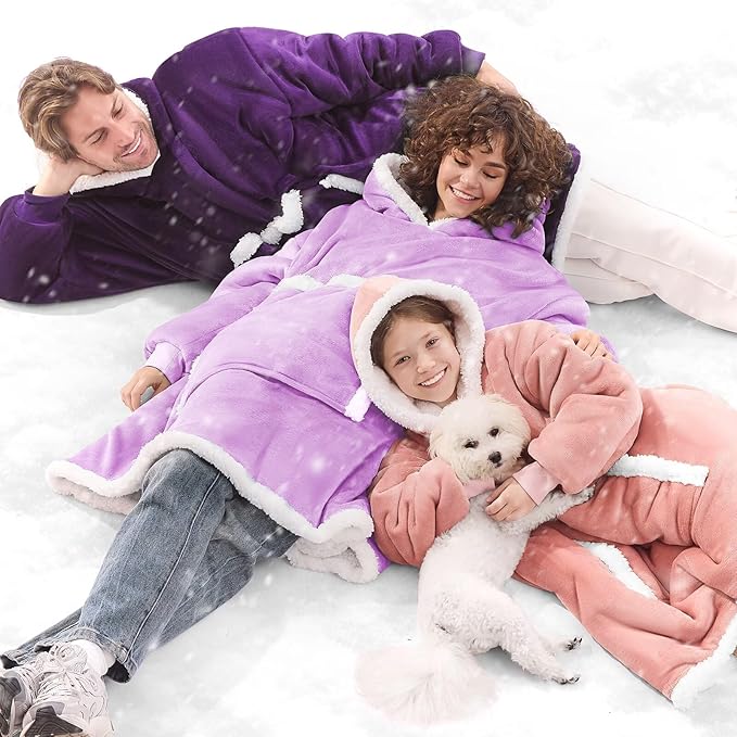 JOYWOO Purple Oversized Wearable Blanket Hoodie, Cat lovers Long Hoodie Blanket for Adult,Birthday Gifts for Women Men Mom,Cozy Fuzzy Sherpa Fleece Hooded Blanket Giant Pocket Gifts,Purple Oversize