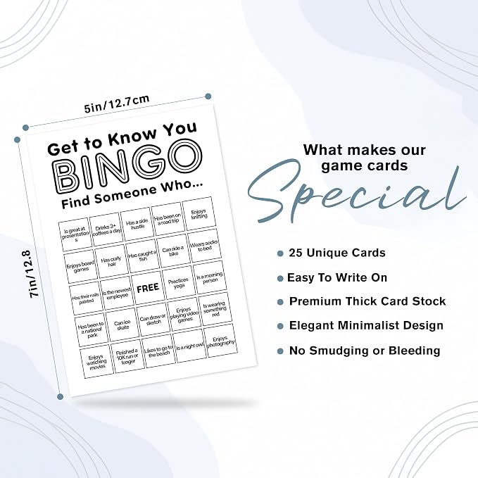 Find Someone Who Bingo Cards, 25 Unique Randomized 5x7 Sheets, Get to Know You Bingo Game for Adults, Ice Breaker Office Party Games, Team Building Games for Work, High Replay Value - B001