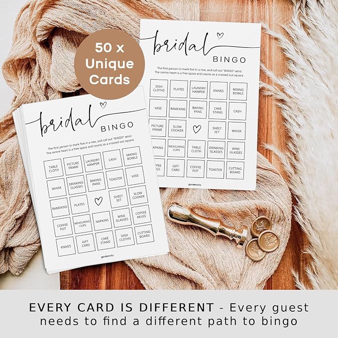 GardenCity Bridal Shower Gift Bingo, Bridal Shower Games for 50 Guests, Prefilled with Perforated Calling Card, Minimalist