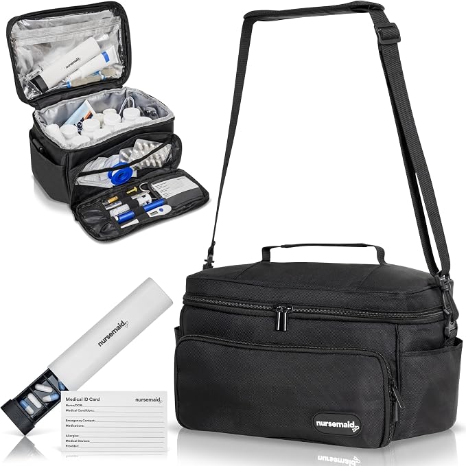 nursemaid Insulated Medication Organizer – Travel Case for Insulin & Medicine, Keeps Meds Cool, Includes ID Card & 7-Day Pill Organizer, Compact & Organized On the Go (Jet Black)