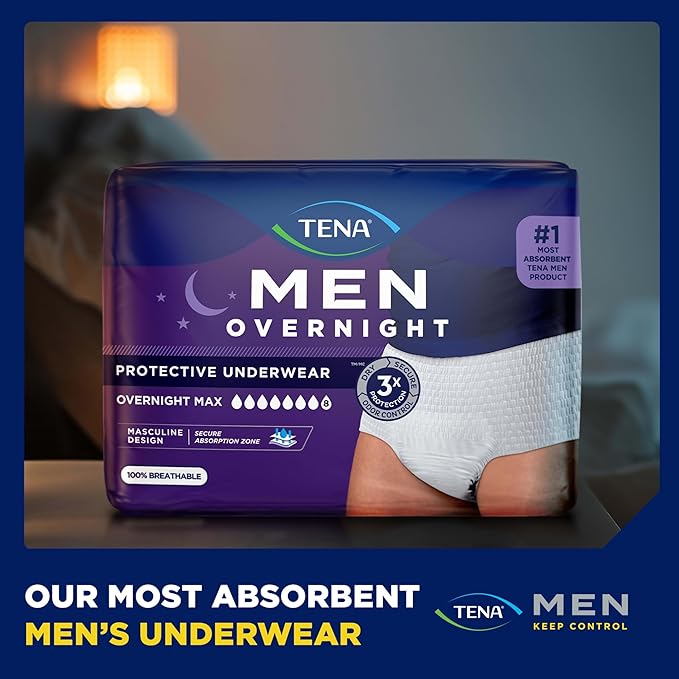 Tena Men Protective Incontinence Underwear for Men, Overnight Max, XL, 56 Count (Waist Size 45in-58in)
