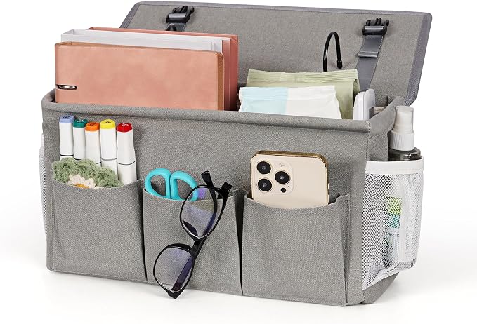 Bedside Caddy Storage Organizer for Bed Rails, Bed Caddy with 6 Pockets | Bedside Organizer with Fixed Straps and Hooks, Mattress Supported Versatile for Home, Dorm, Bunk, Hospital and Crib Bed