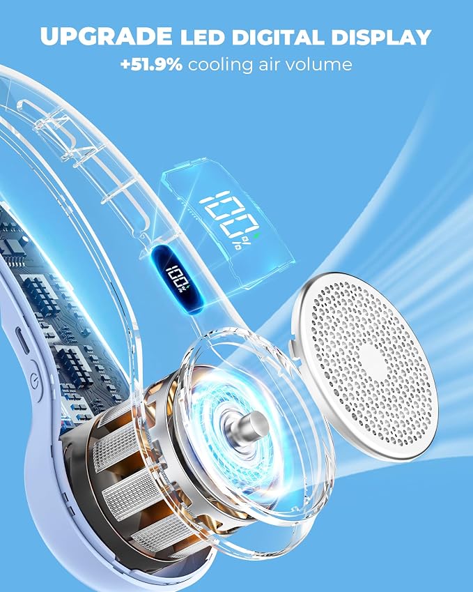 Portable Neck Fan with 4000mAh Rechargeable Battery & LED Display, Personal Cooler for Women/Men, 3-Speed Bladeless 360° Cooling Fans, Stylish Gift for Gym/Travel/Office,Light blue