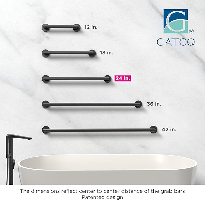Gatco 964MX Glam 24" L Grab Bar, Matte Black/ADA Compliant Stainless Steel Safety Grab Bar for Bathroom