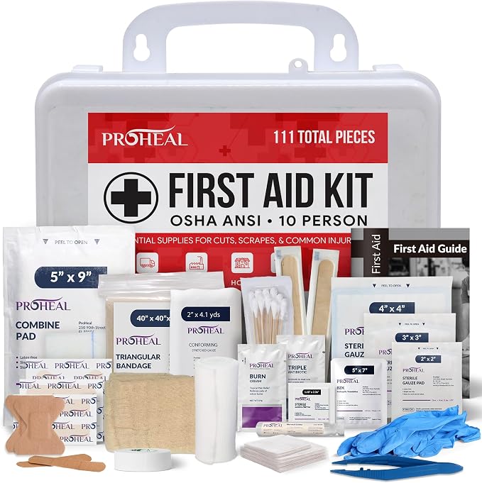 OSHA Compliant First Aid Kit for Car, Home & Business - 10 Person, Type III, ANSI Class A, 111 Pieces Emergency Kit for Office, Truck & Construction Site - Latex Free, Wall Mountable | ProHeal