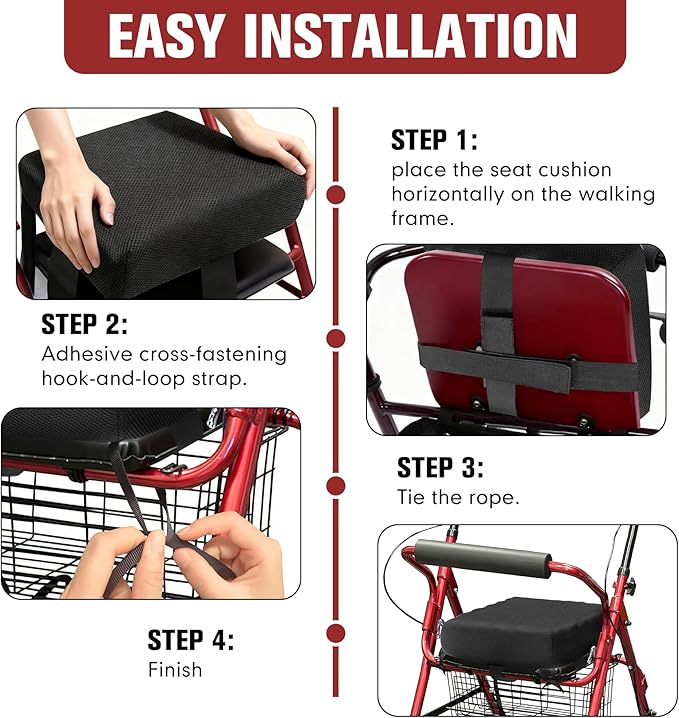 Rollator Walker Seat Cushion 12x12x3.5 Inch Support Pad with Breathable Mesh Cover, Adjustable Straps for Secure Fit(Black)