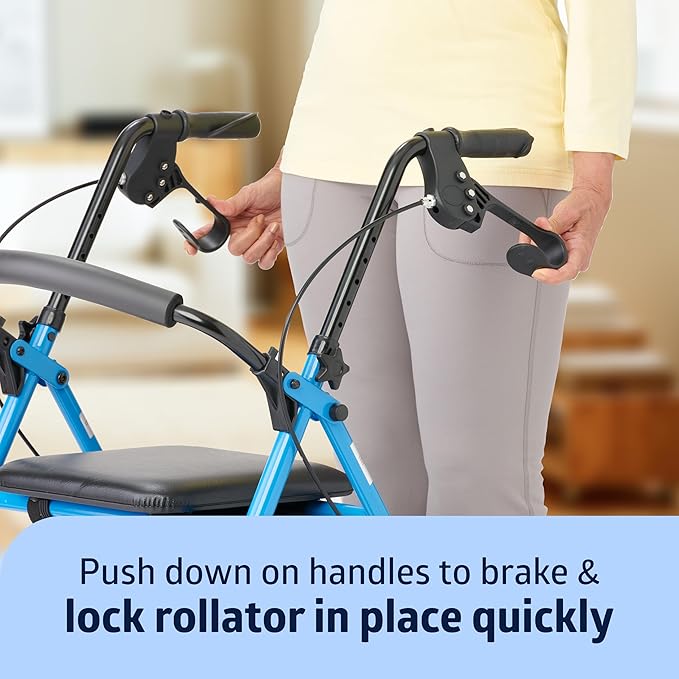 Medline Standard Adult Steel Rollator Walker Aid, Light Blue, 300 lb. Weight Capacity, 8” Wheels, Foldable, Adjustable Handles, Rolling Walker for Seniors