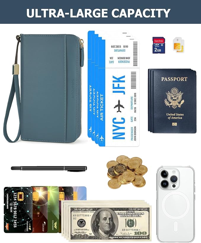Large Travel Wallet for Women | RFID Blocking Zipper Wallet,Passport Holder Clutch with Wristlet