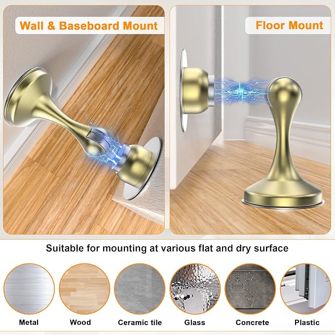 Crosize Magnetic Door Stoppers 1 Pack, Stainless Steel Door Stops for Wall and Floor Mounting, Gate Stops, No Drilling Metal Doorstops with Adhesive Tapes, Gold