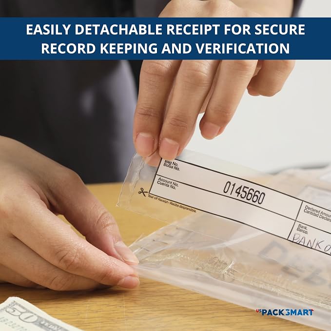 Clear Plastic Deposit Bags 10"x13" | Secure Bank Deposits, Cash Handling or Safe Currency Transportation | Sequential Barcodes | Tamper-Evident | Tear-Off Receipt for Security | 100-Pack
