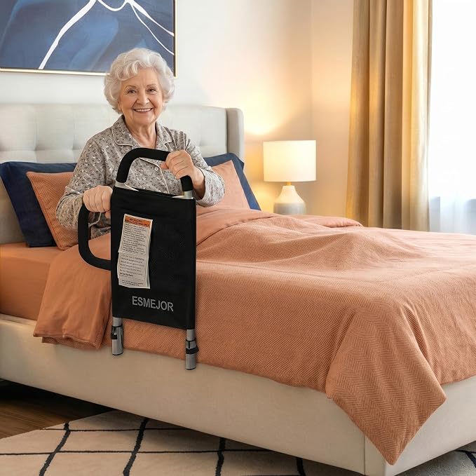 Bed Rails for Elderly Adults, Bed Assist Rail with Dual Padded Handles & Storage Pocket, 300 lbs Capacity, Fits Twin Queen King Beds, Tool-Free Assembly, Black