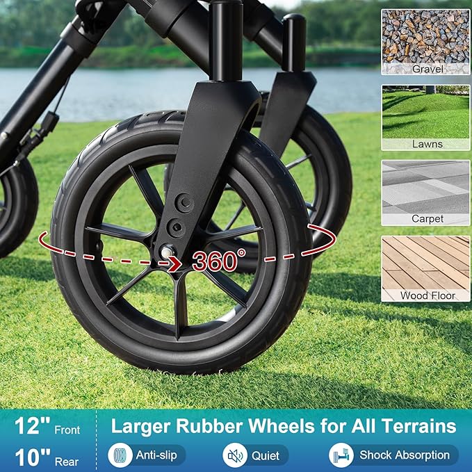 Rollator Walker with Seat, Tall Walkers for Seniors, 12" Big Rubber Wheels All Terrain Rollator Walker with Backrest, Built-in Cable, Foldable and Dual Adjustable Height for 5.3-7ft, Black