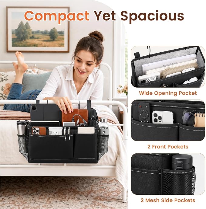 Bedside Caddy for Dorm Bed, Bedside Storage Bag Hanging Organizer | Metal Frame, Water-Resistant Lining, Fits Bed Rails up to 2.2 In, Adjustable Straps, Bunk and Hospital Beds(2 Pack, Black)