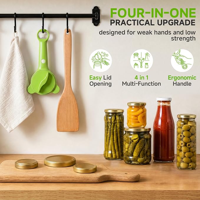 2026 Upgraded 4-in-1 Jar Opener - Adjustable Stainless Steel Lid Remover for Seniors & Arthritis Sufferers, Fits Kitchen Jars, Bottles & Cans Green