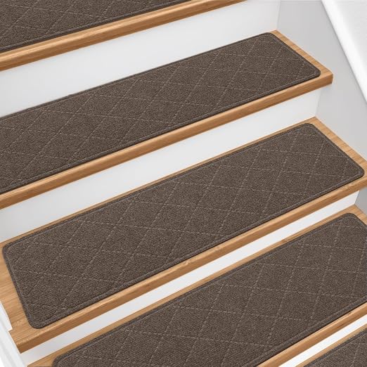 Stair Treads for Wooden Steps 4 PCS Non Slip Stair Rugs Brown | 8x30in Self-adhesive Stair Runner Strips, Machine Washable, Indoor Carpet for Stairs, Stair Protection for Kids Pets Elderly