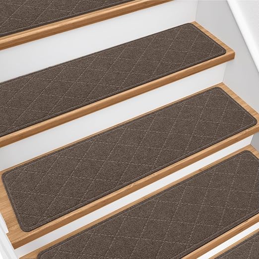 Stair Treads for Wooden Steps 10 PCS Non Slip Stair Rugs Brown | 8x30in Self-adhesive Stair Runner Strips, Machine Washable, Indoor Carpet for Stairs, Stair Protection for Kids Pets Elderly