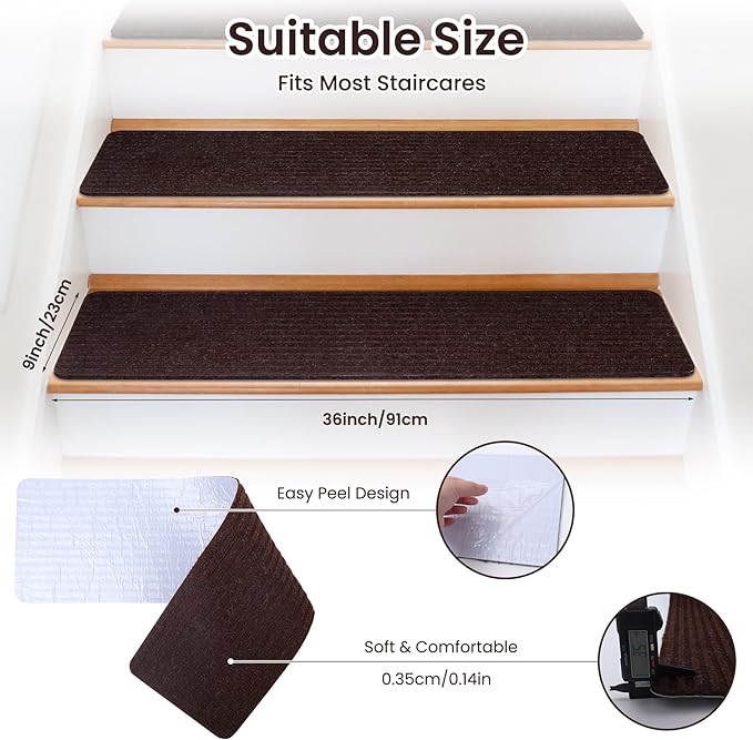 Extra Wide Non Slip Stair Treads for Wooden Steps –15 Pack 9" x36'' Extra Wide Carpet Runners with Reusable Adhesive, Step Pads for Dogs, Kids, Seniors, Machine Washable – Brown