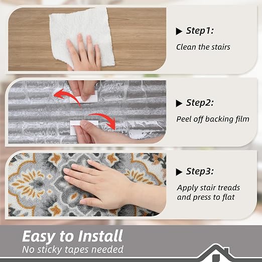 BEQHAUSE Stair Treads for Wooden Steps, 8"X30", 15pcs, Grey/Orange | Non-Slip Machine Washable Carpet Stair Treads, TPE Backing, 100% Polyester, Soft Indoor Stair Runner for Kids Elders and Pets