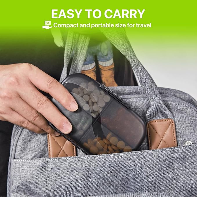 Sukuos Travel Pill Organizer Weekly with Double Lock, Portable Pill Box with Large 7 Compartment, Airtight Daily Medicine Case Container with Labels for Vitamins/Fish Oils/Supplements