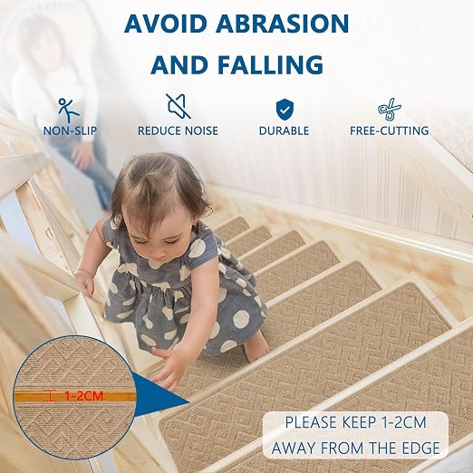 Stair Treads for Wooden Steps Indoor, 15 Pack 8" X 30" Non Slip Carpet Stair Treads with Reusable Adhesive for Elders and Dogs, Surface Polyester TPR Backing Stair Rugs