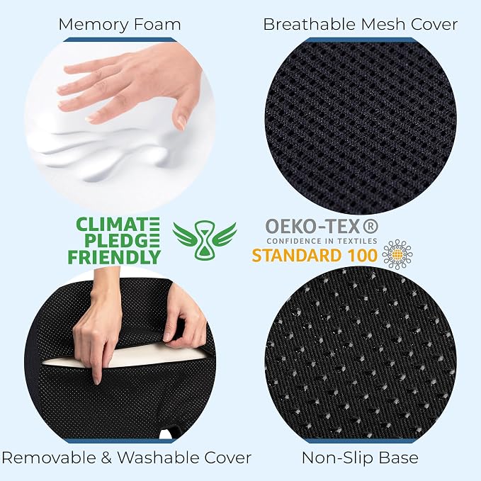 5 STARS UNITED Seat Cushion - Memory Foam Chair Cushion for Tailbone Pain Relief - Ergonomic Support for Coccyx, Sciatica & Butt - Office, Desk & Gaming Chair, Car Seat, Wheelchair, Black Mesh