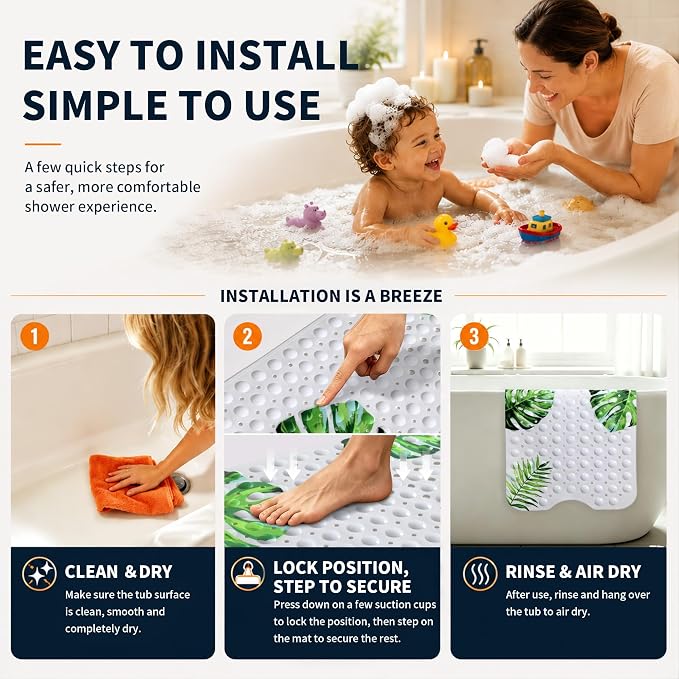 Yimobra Non Slip Bathtub Mat 40 x 16 Inch, Extra Long Shower Mat with Drain Holes, Machine Washable Baby Bath Mats, Strong Suction Cups for Bathroom Floor, Monstera