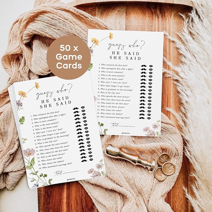GardenCity Bridal Shower Games, He Said She Said Bridal Shower Game for 50 Guests, 50 Cards, Wildflower